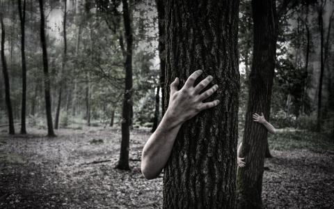 caché derrière un arbre